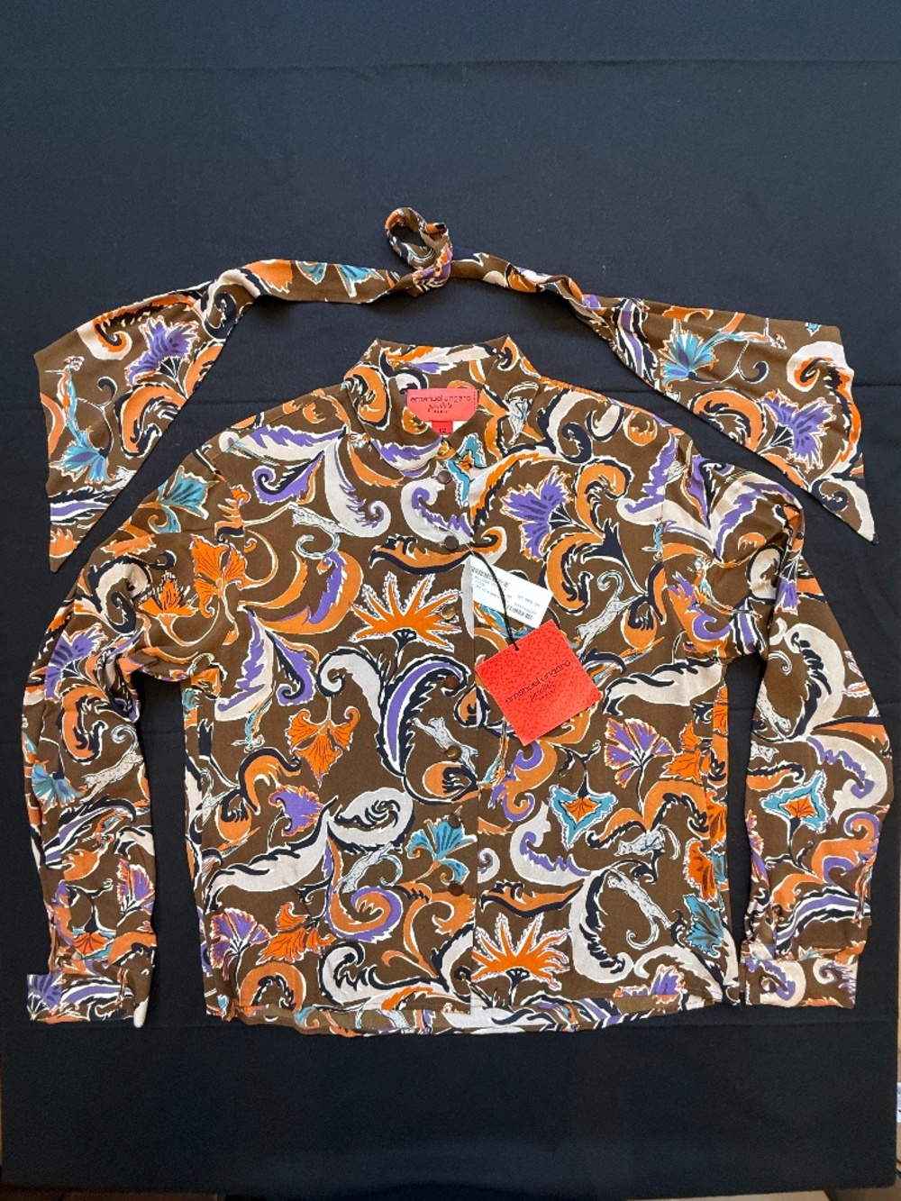 Vintage Emanuel Ungaro brown silk patterned blousewith matching scarf